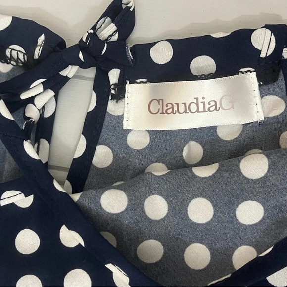 Claudia G Sleeveless Asymmetric‎ HalterTop Dress Womens M Navy White Dot NWOT - Picture 7 of 14